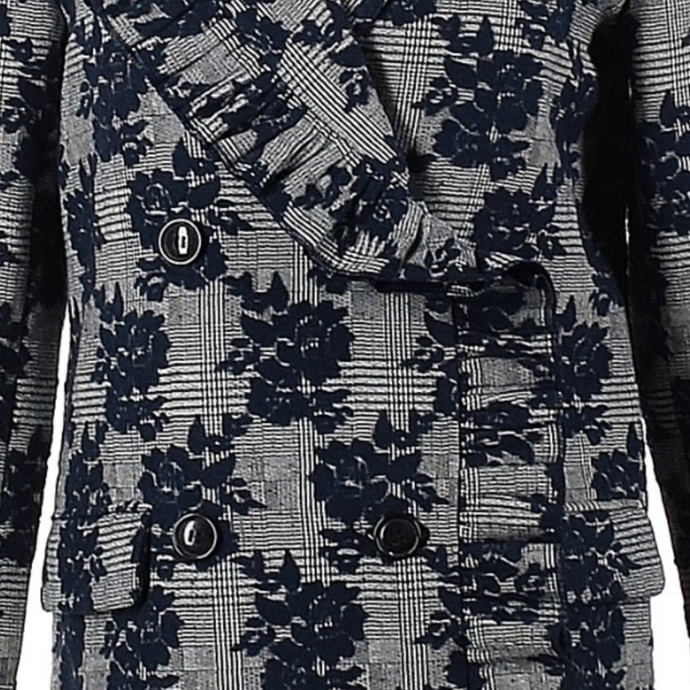 Halogen Stylish Gray and Blue Floral Ruffle Trim Long Jacket Coat - Picture 3 of 3